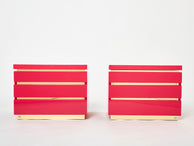 Pair of Jean-Claude Mahey pink lacquered brass nightstands 1970s