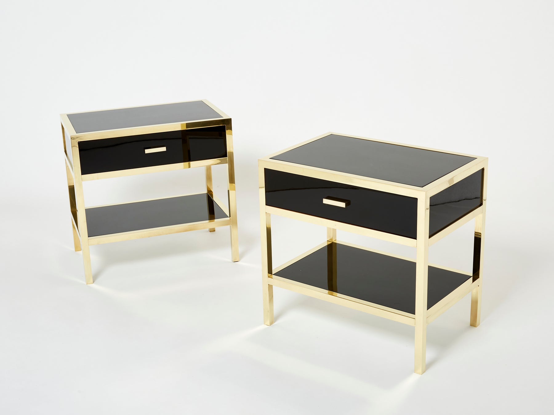 Pair of Michel Pigneres black lacquered brass nightstands tables 1970s