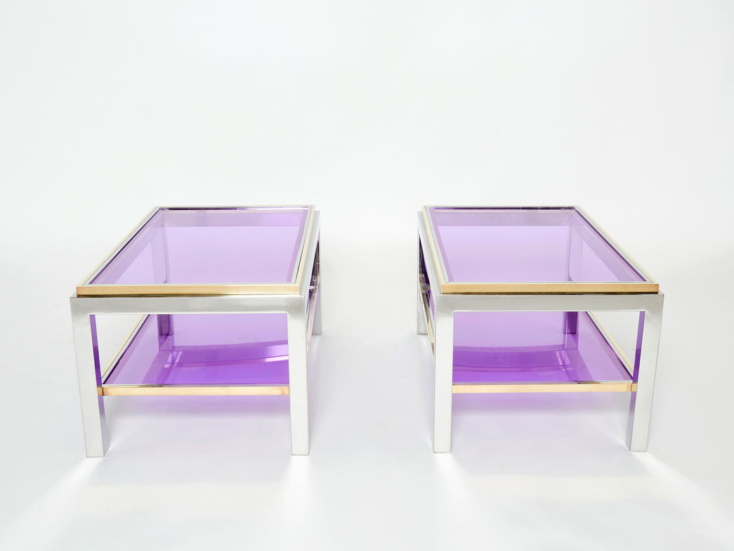 Pair of Two-Tier brass chrome end tables Willy Rizzo Flaminia 1970s