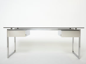 Desk table Patrice Maffei for Kappa brushed steel smoked glass 1970