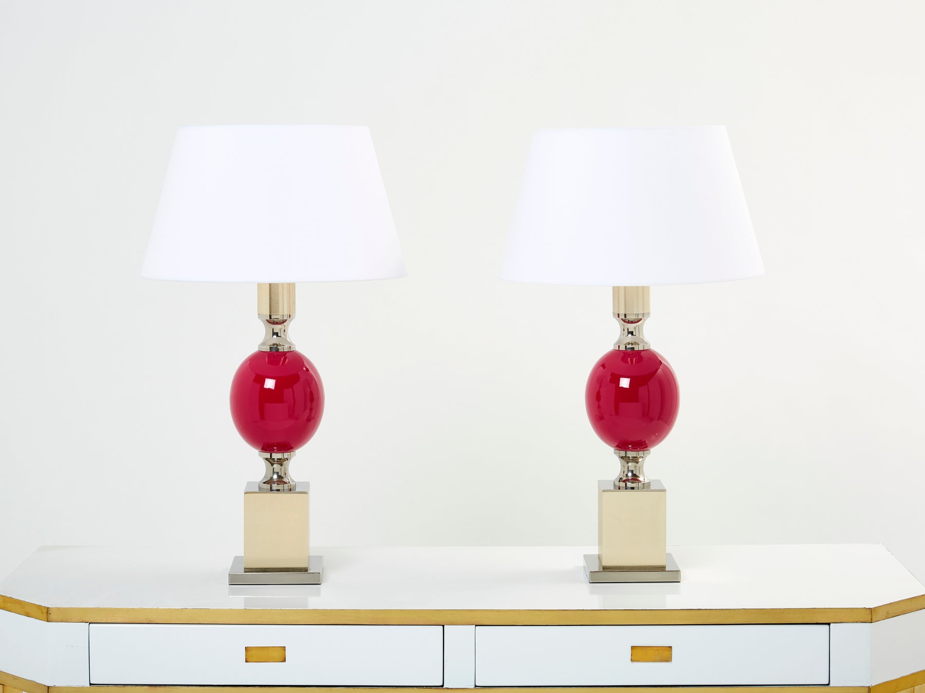 Paire de lampes en céramique chrome laiton de Philippe barbier 1970s