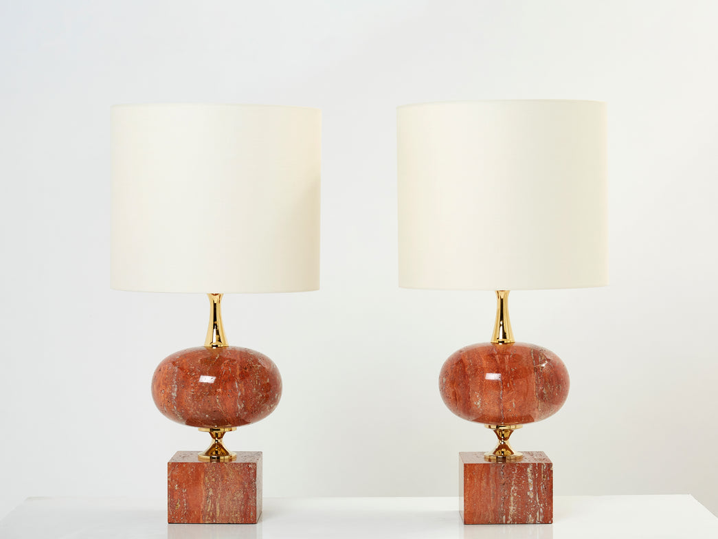 Pair of large French red travertine brass table lamps Philippe Barbier 1970s