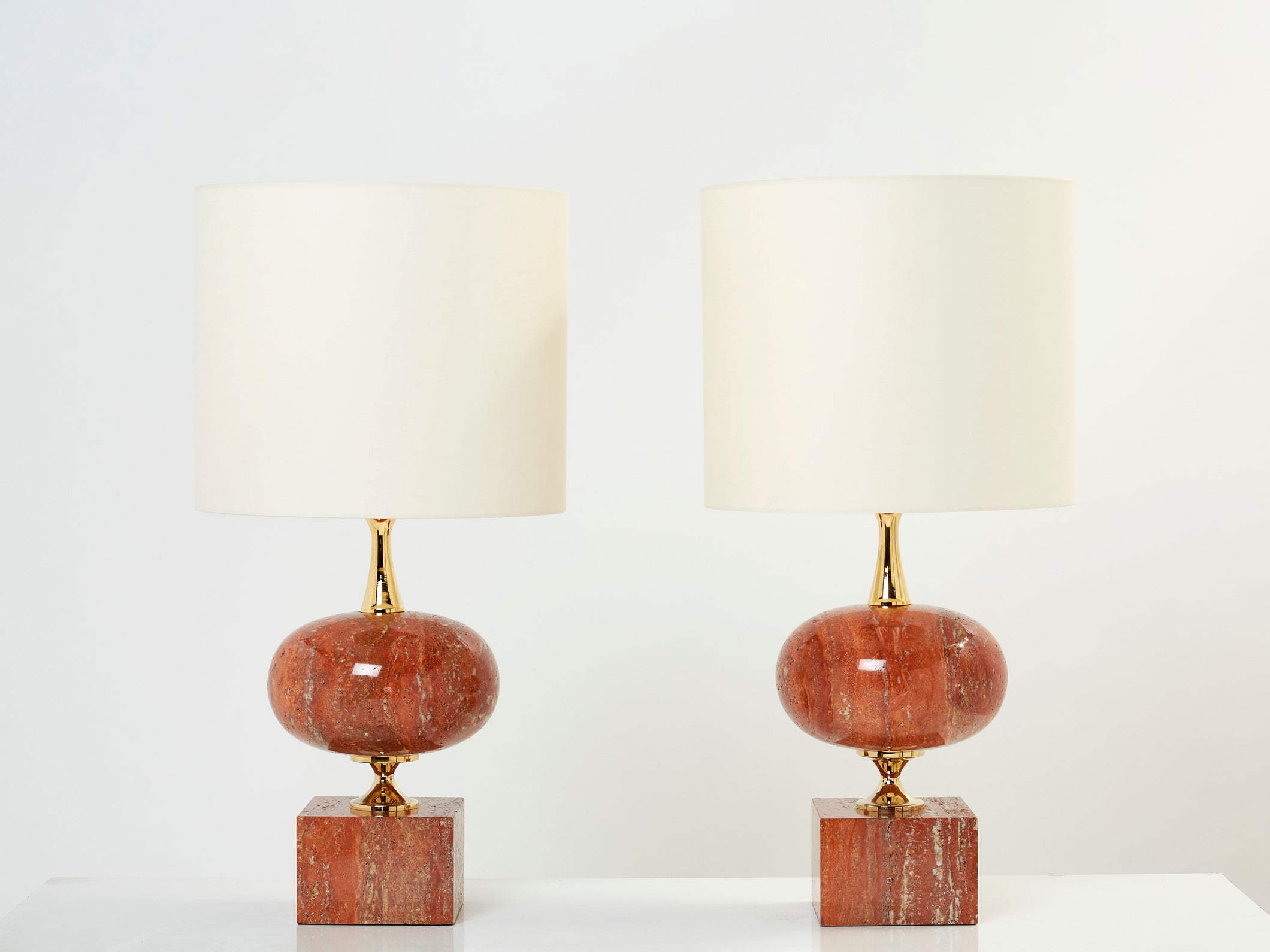 Pair of large French red travertine brass table lamps Philippe
