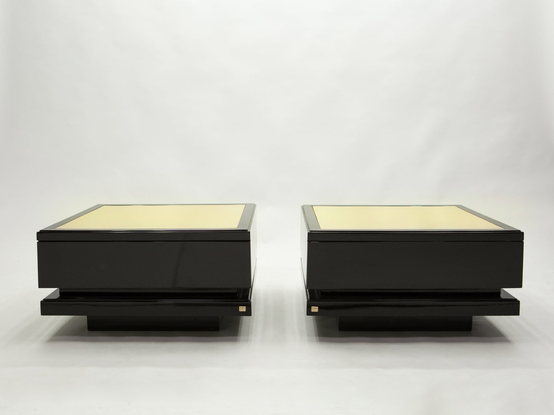 Rare pair of end tables by J.C. Mahey brass black lacquered 1970s