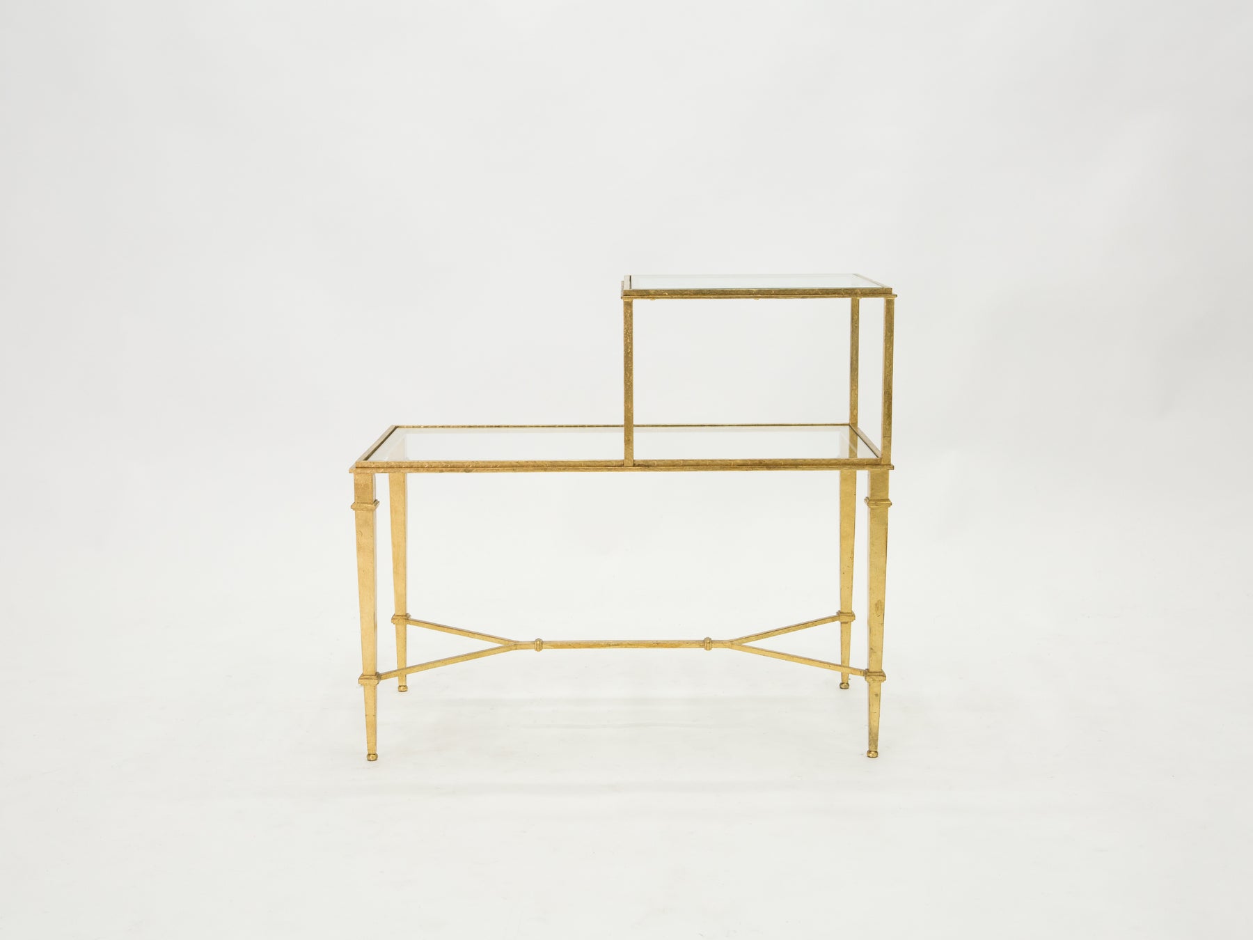 Roger Thibier gilt wrought iron glass two-tier end table 1960s