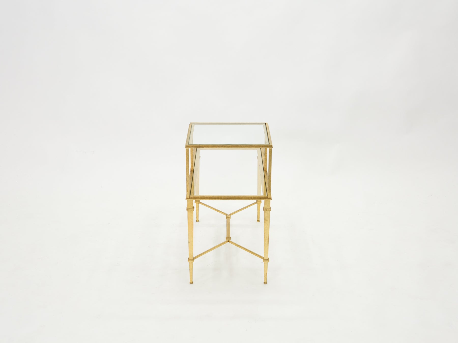 Roger Thibier gilt wrought iron glass two-tier end table 1960s