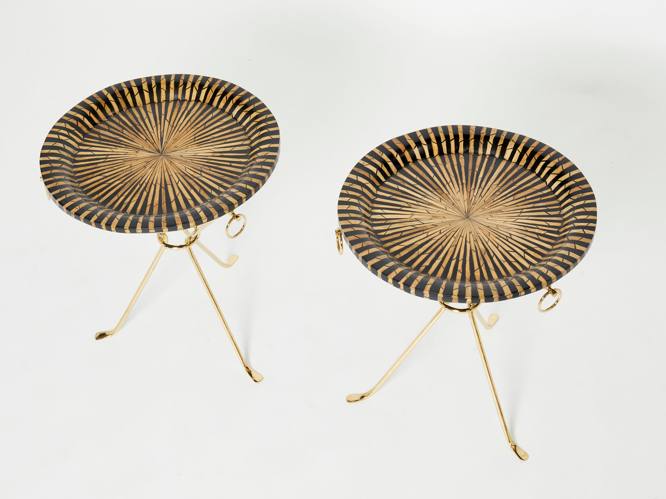 Pair of Romeo Paris brass straw marquetry gueridon tables 1970s