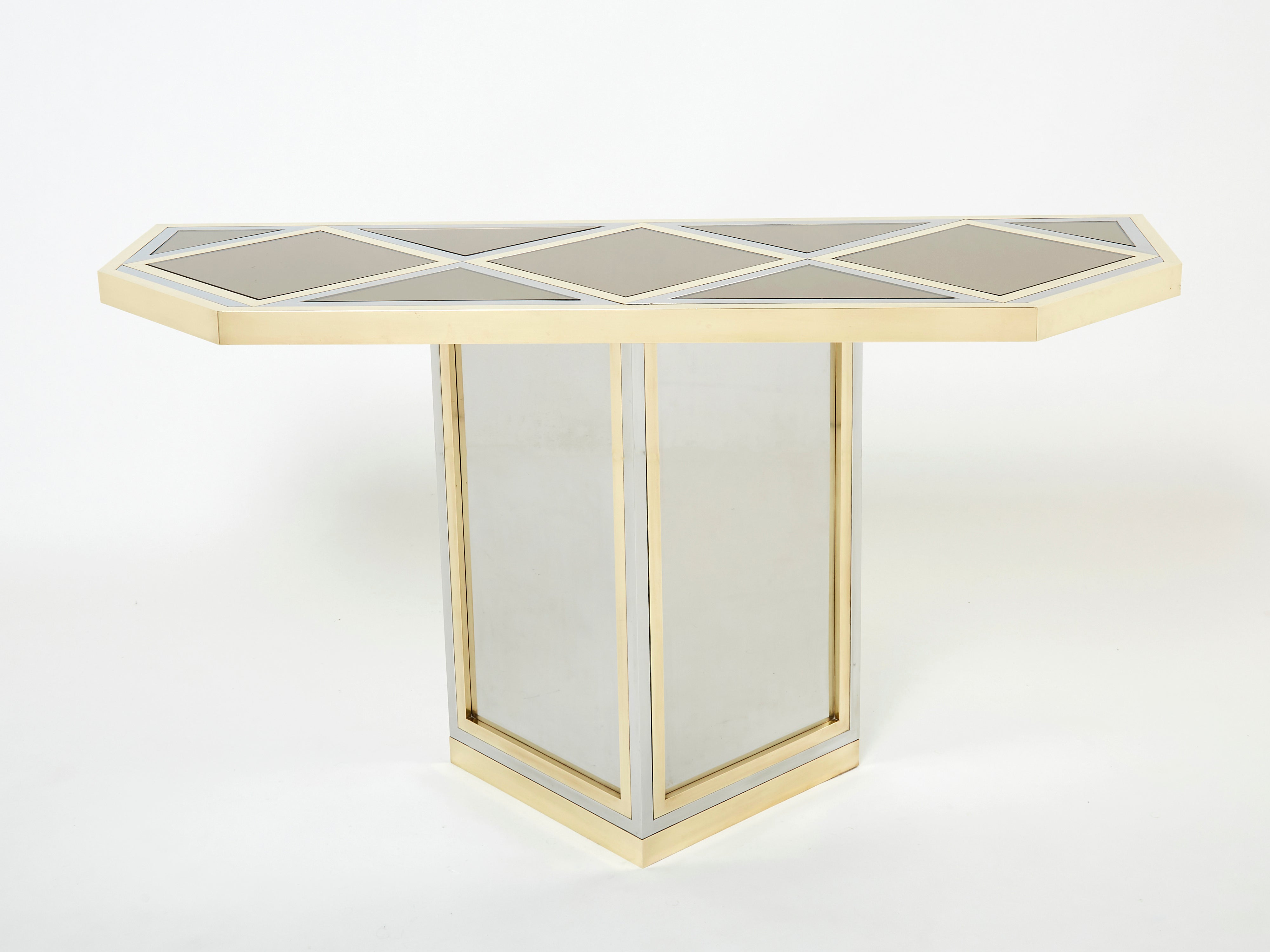Brass chrome steel mirrored console table by Romeo Rega 1970s