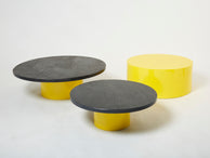 Set of three large round coffee tables yellow lacquer slate tops 1970s