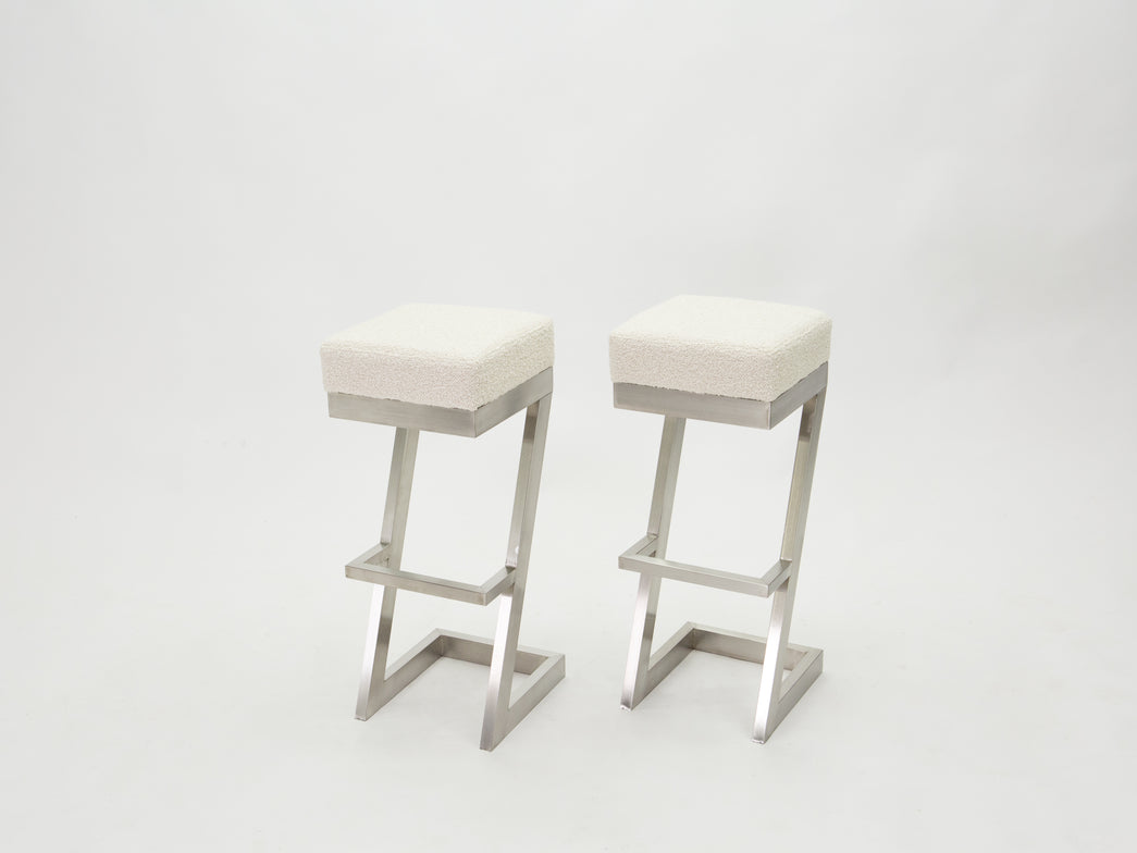 Set of two French brushed steel bouclé bar stools 1970s