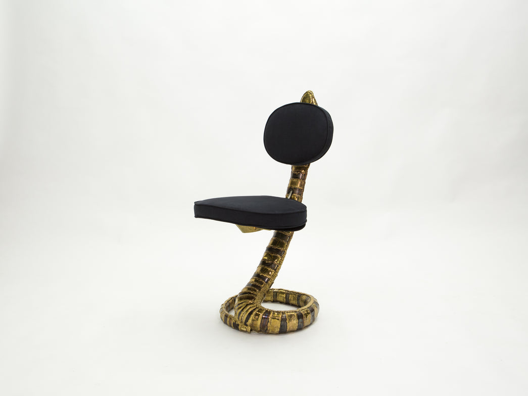Signed Isabelle Faure Cobra brass sculpture chair black alcantara 1970s