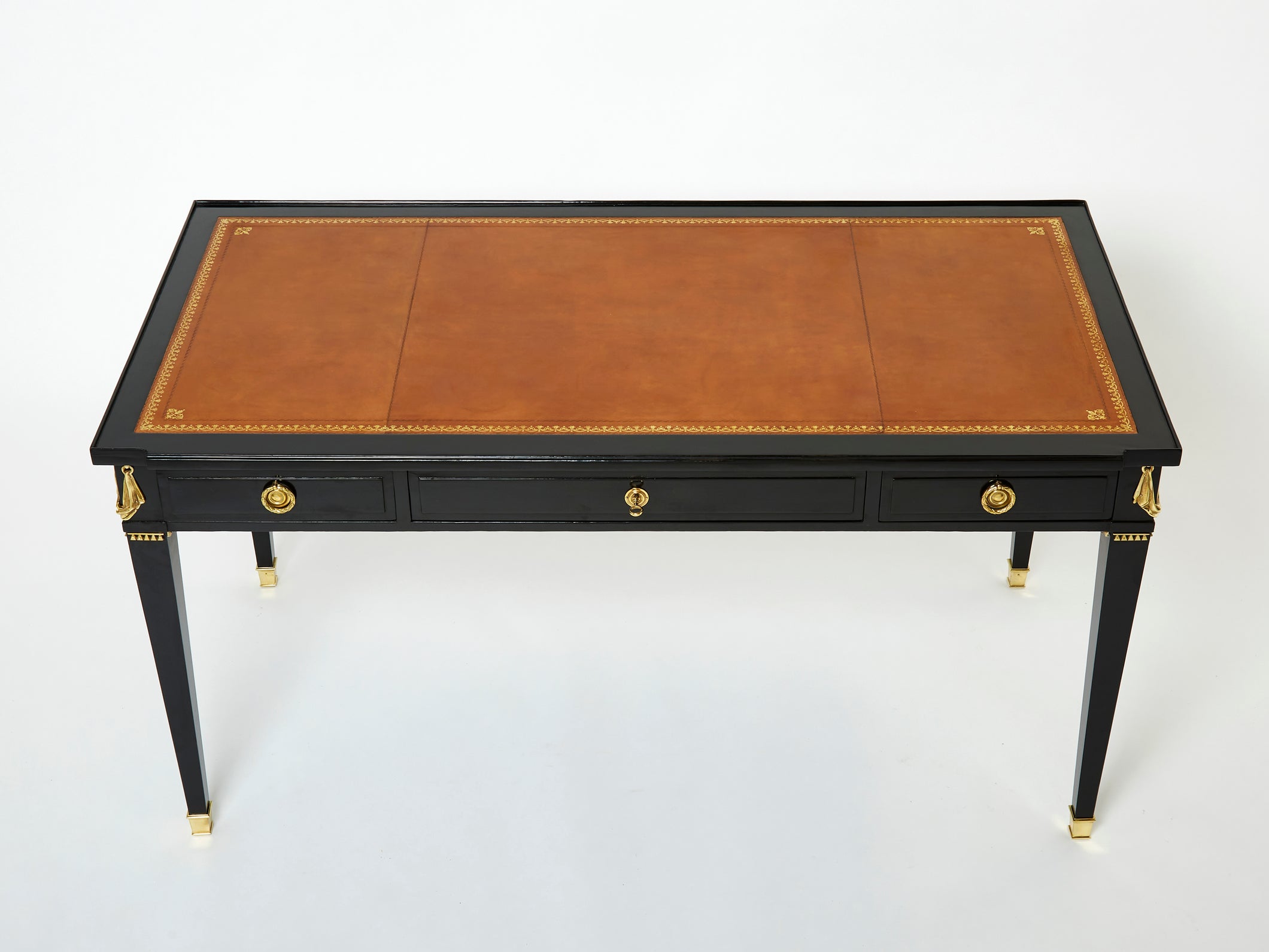 Bureau plat de style Louis XVI bois cuir bronze Maison Jansen 1950