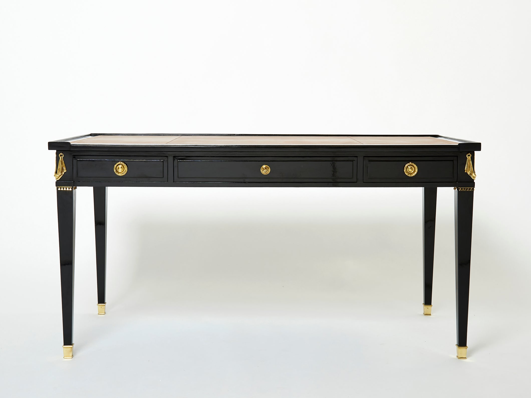 Bureau plat de style Louis XVI bois cuir bronze Maison Jansen 1950