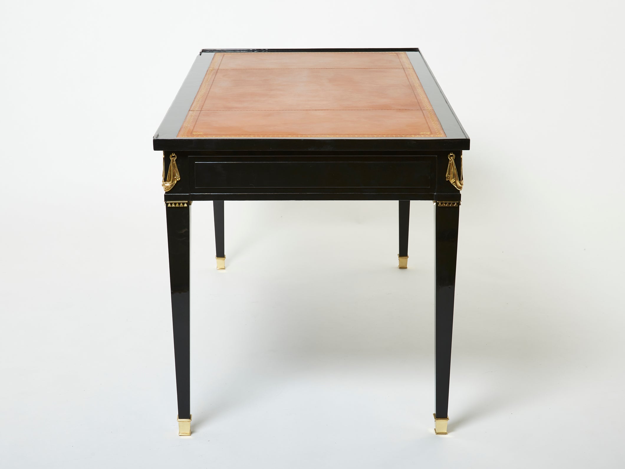 Bureau plat de style Louis XVI bois cuir bronze Maison Jansen 1950