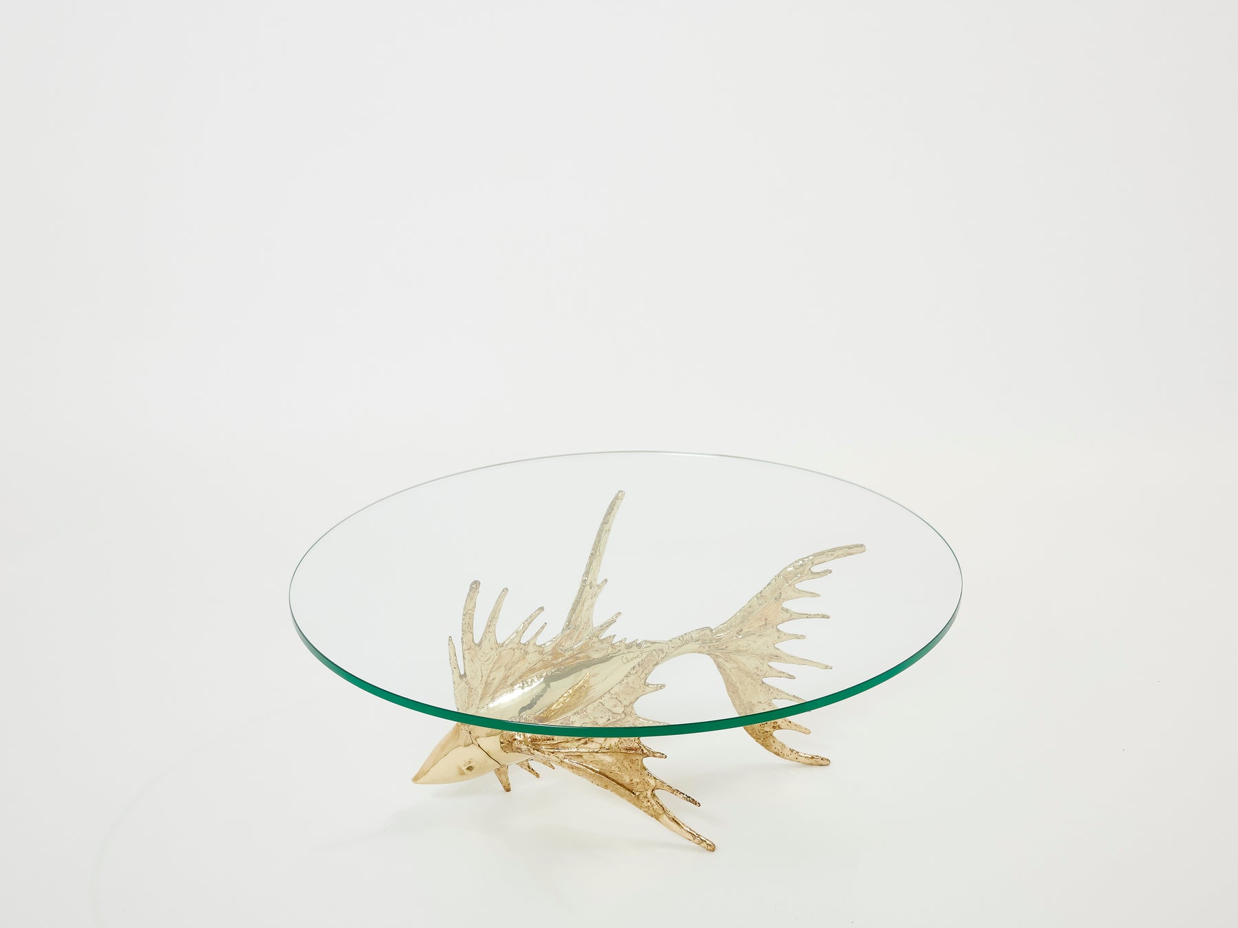 Table basse sculpture unique laiton poisson par Alain Chervet 1977
