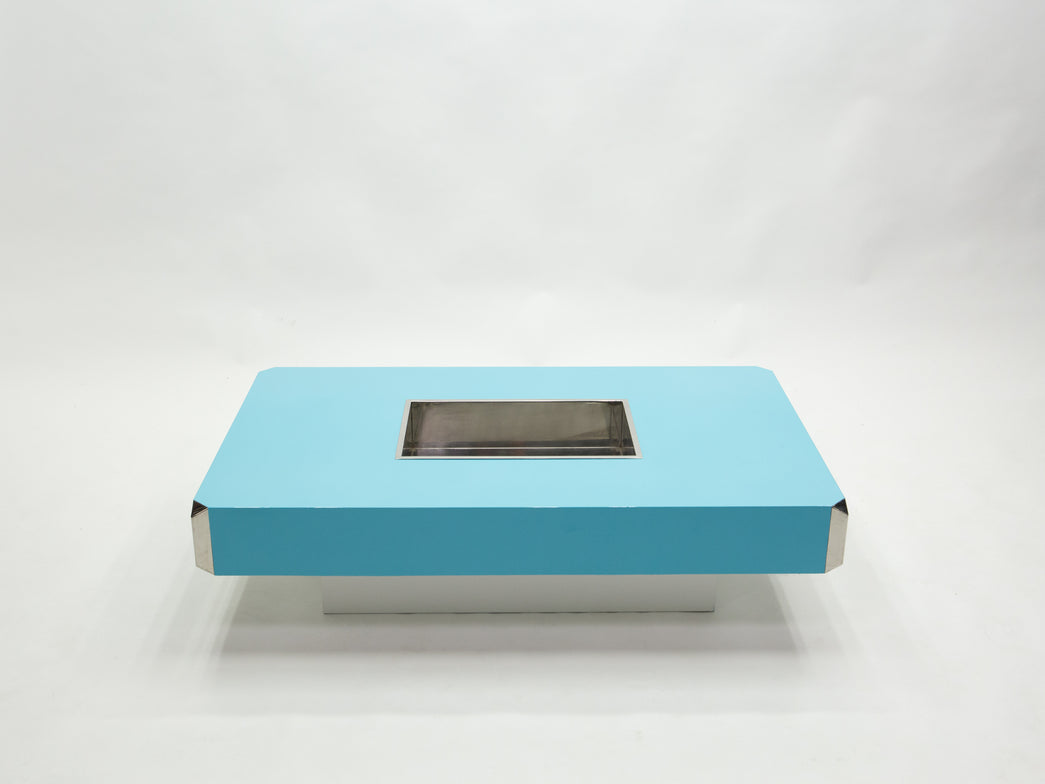 Table basse de Willy Rizzo modèle Alveo laquée bleu chrome 1970