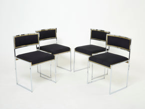 Set of 4 chairs Brass chrome black alcantara by Willy Rizzo 1970s