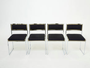 Set of 4 chairs Brass chrome black alcantara by Willy Rizzo 1970s