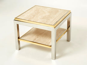 Two-Tier brass chrome travertine end table Willy Rizzo Flaminia 1970s