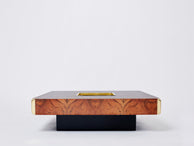 Willy Rizzo burl wood and brass square bar coffee table Alveo 1970s