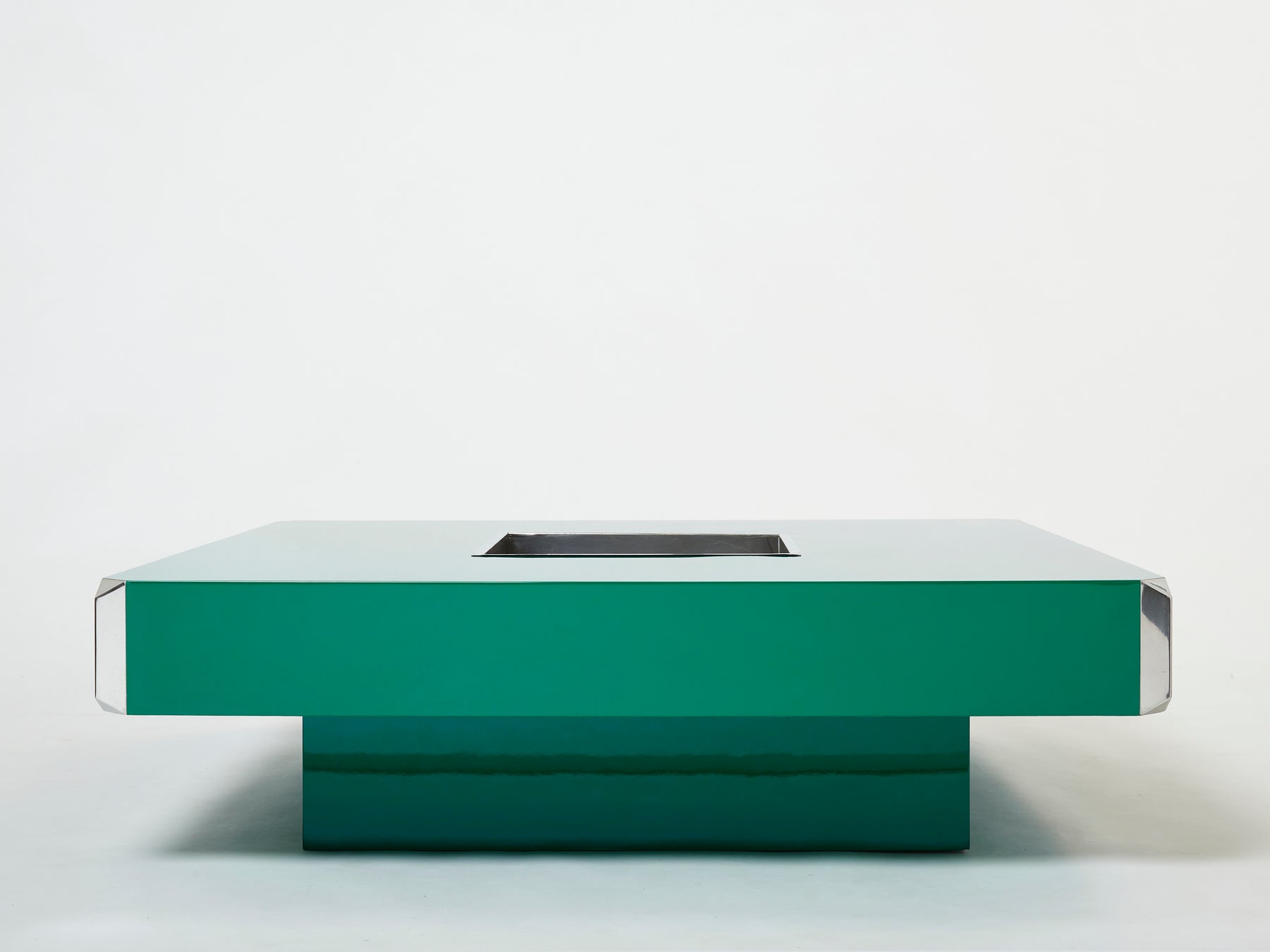 Willy Rizzo green lacquer and chrome square bar coffee table Alveo 1970s